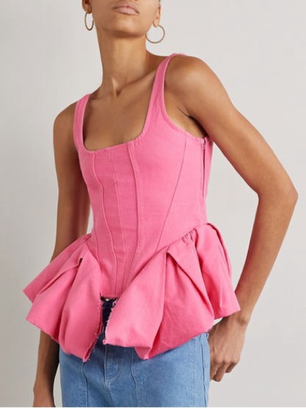 NEW Marques' Almeida Frayed Ruffled Denim Top Pink US Size 2 Corset Rem'Ade NWT
